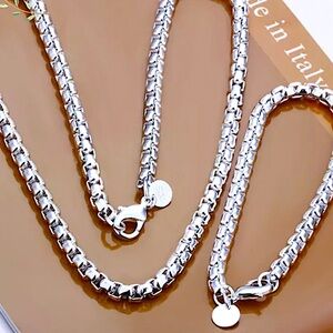 Sterling Silver Box Chain Necklace Bracelet Matching Set